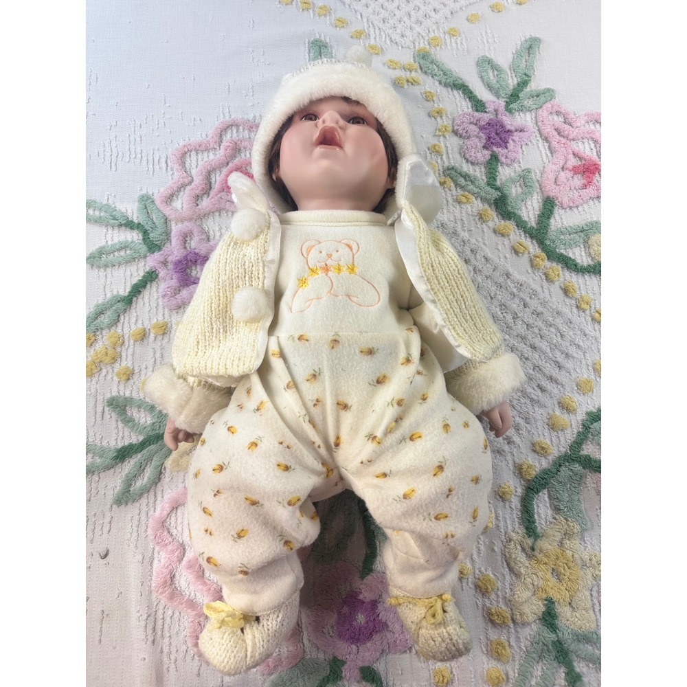 Cathay Collection Vintage Porcelain Baby Doll 21‎ Inch Blonde Bear Outfit Repair